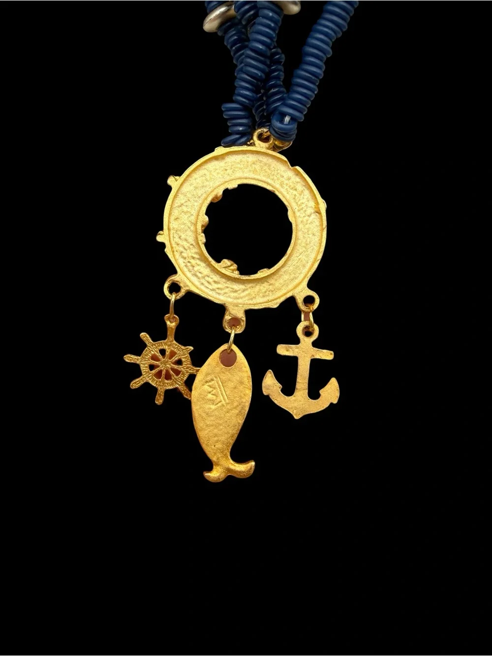 Vintage Artisan Navy Blue and Gold Nautical Charm Necklace w/ Matching Earrings